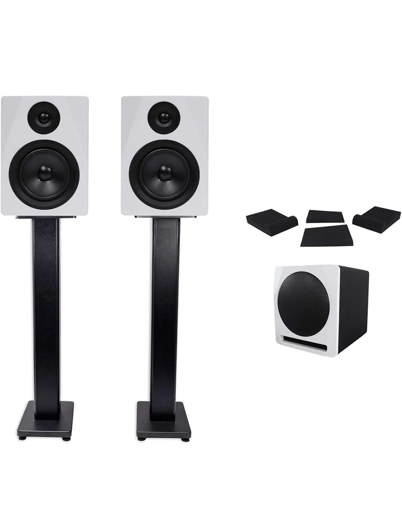 Rockville (2) APM5W 5.25" Powered Studio Monitors+Active Subwoofer+Stands+Pads