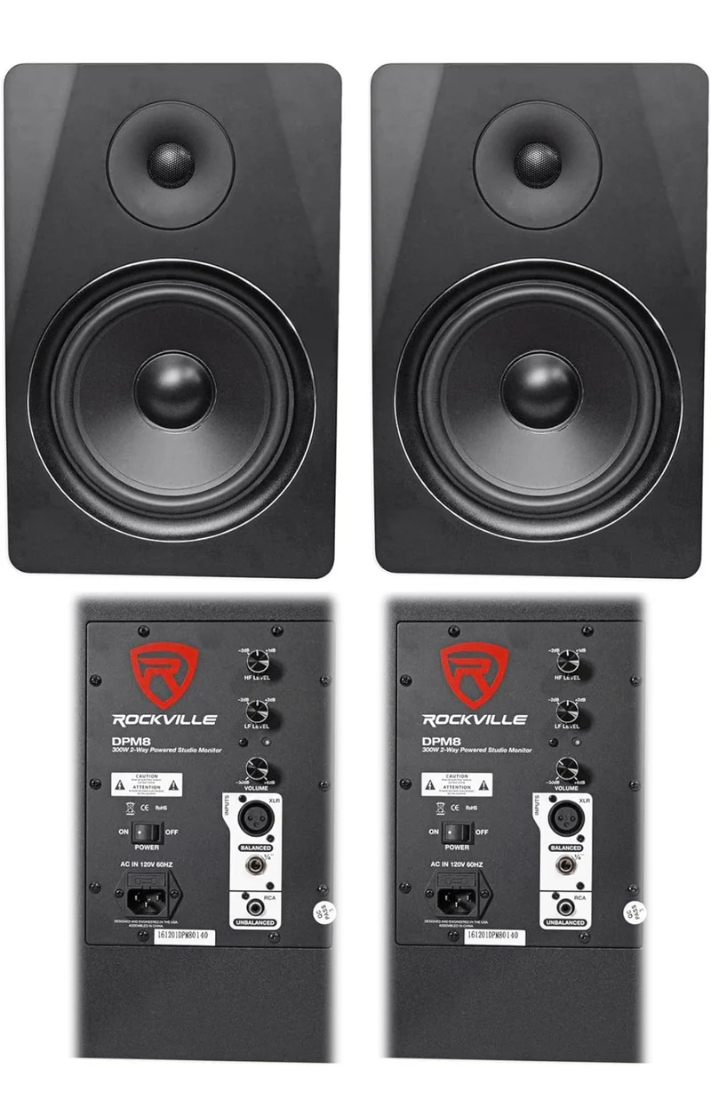 Rockville (2) DPM8B Dual Powered 8" 600 Watt Active Studio Monitor Speakers