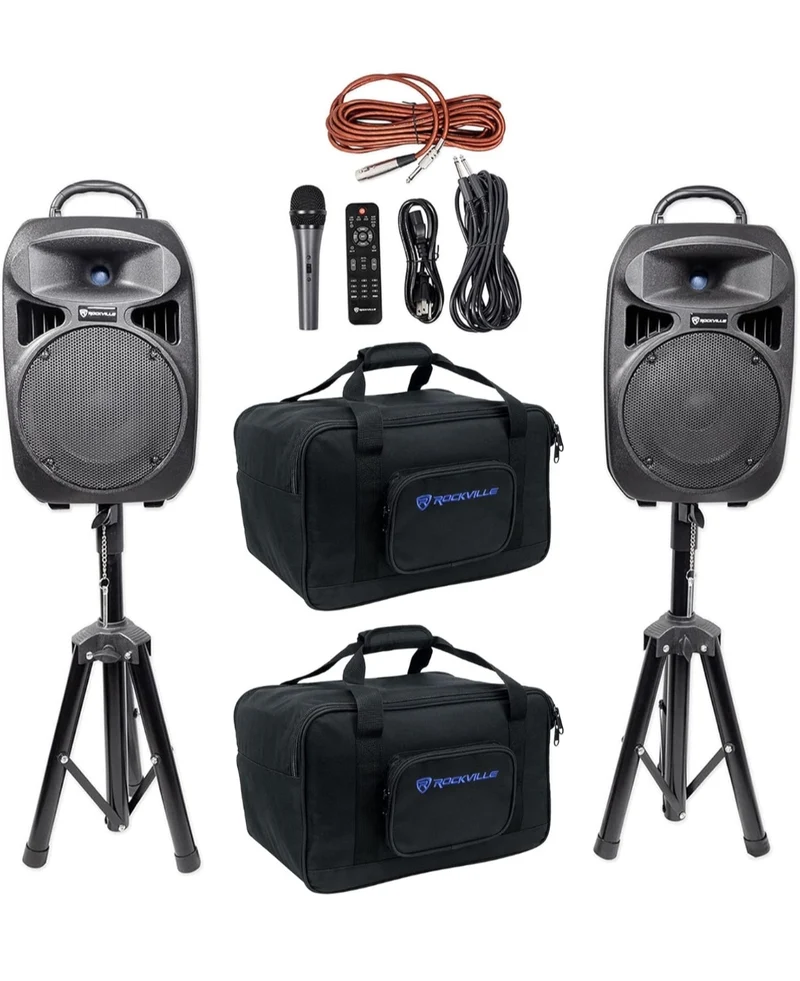 Rockville RPG082K Dual 8" Portable PA System+Bluetooth+Mic+Stands+Cables+Bags