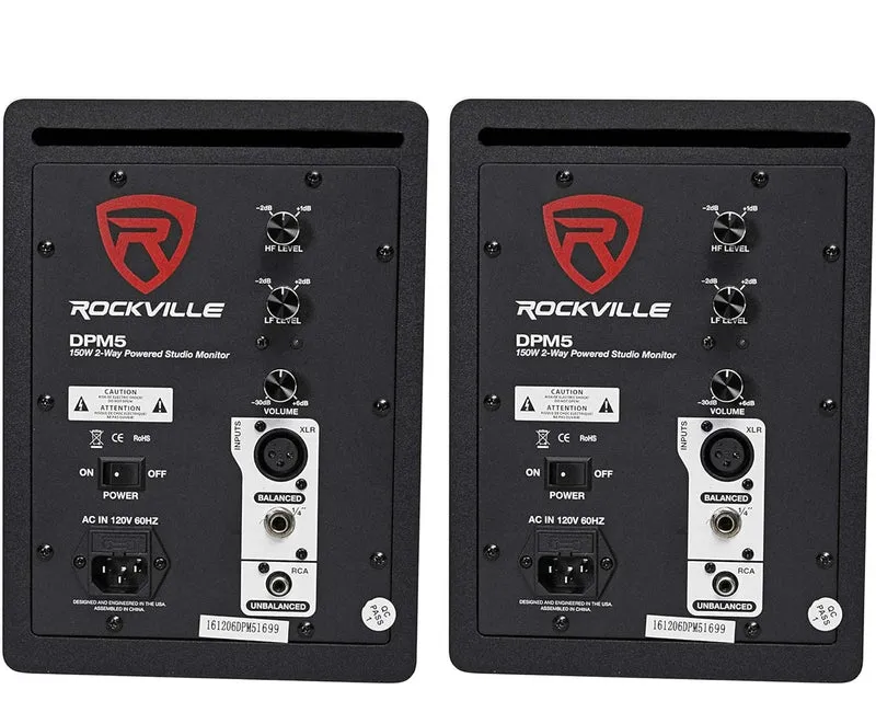 Rockville 2 DPM5B Dual Powered 5.25" 300w Active Recording Studio Monitors+Pads