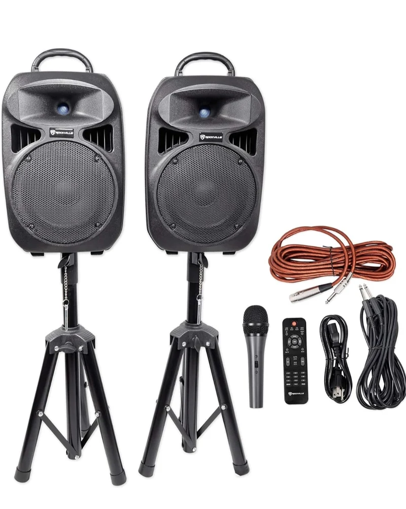 RockvilIe Dual 8" Powered Speakers+Stands w/Bluetooth for Backyard Movie Theater