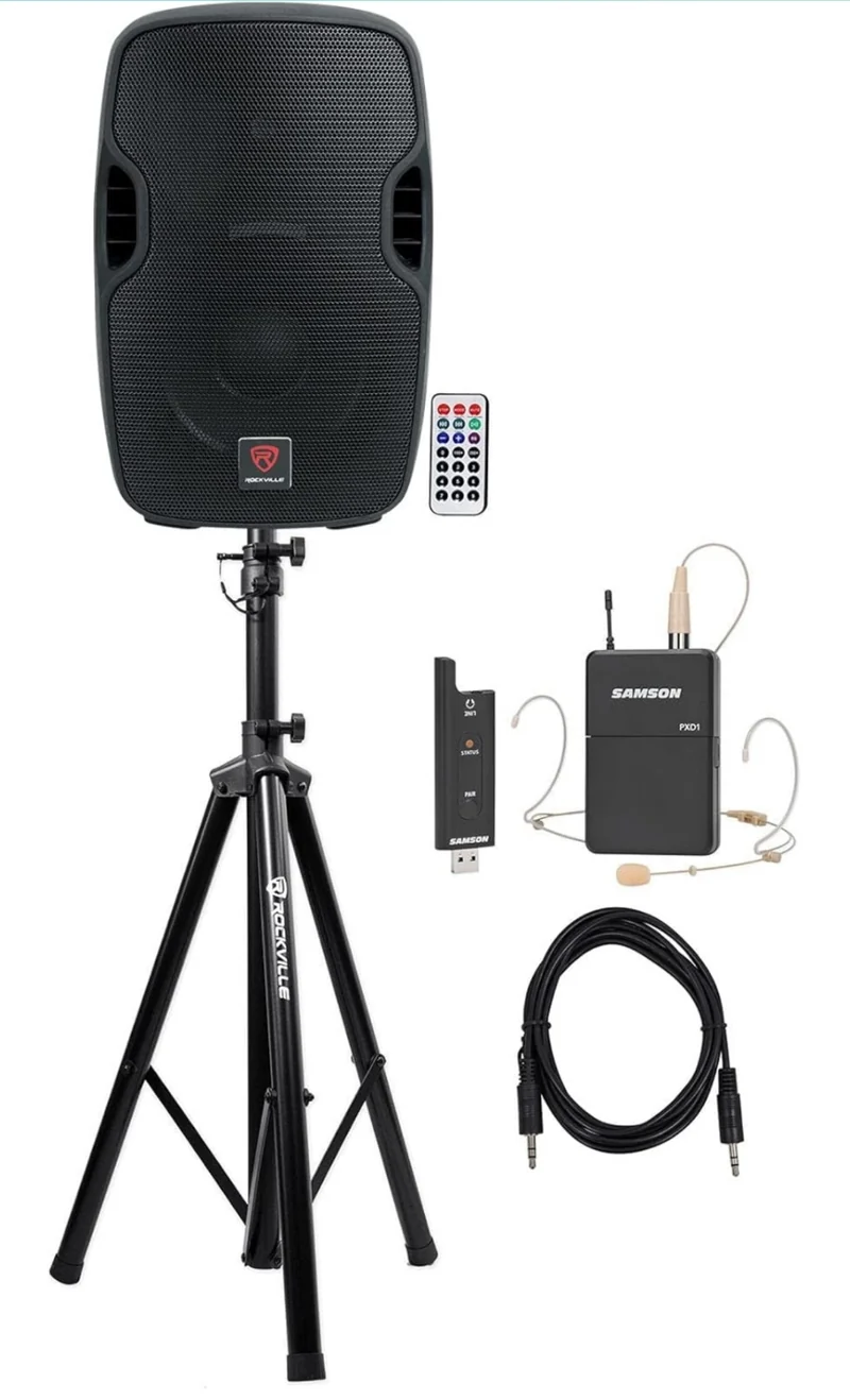 Rockville BPA10 10" Professional Powered Active 400w DJ PA Speaker Bundle with Metra IB3.5MM 6 Foot 3.5mm Male, Rockville RVES05 Black & Samson Stage XPD2 Digital Wireless USB (4 Items)