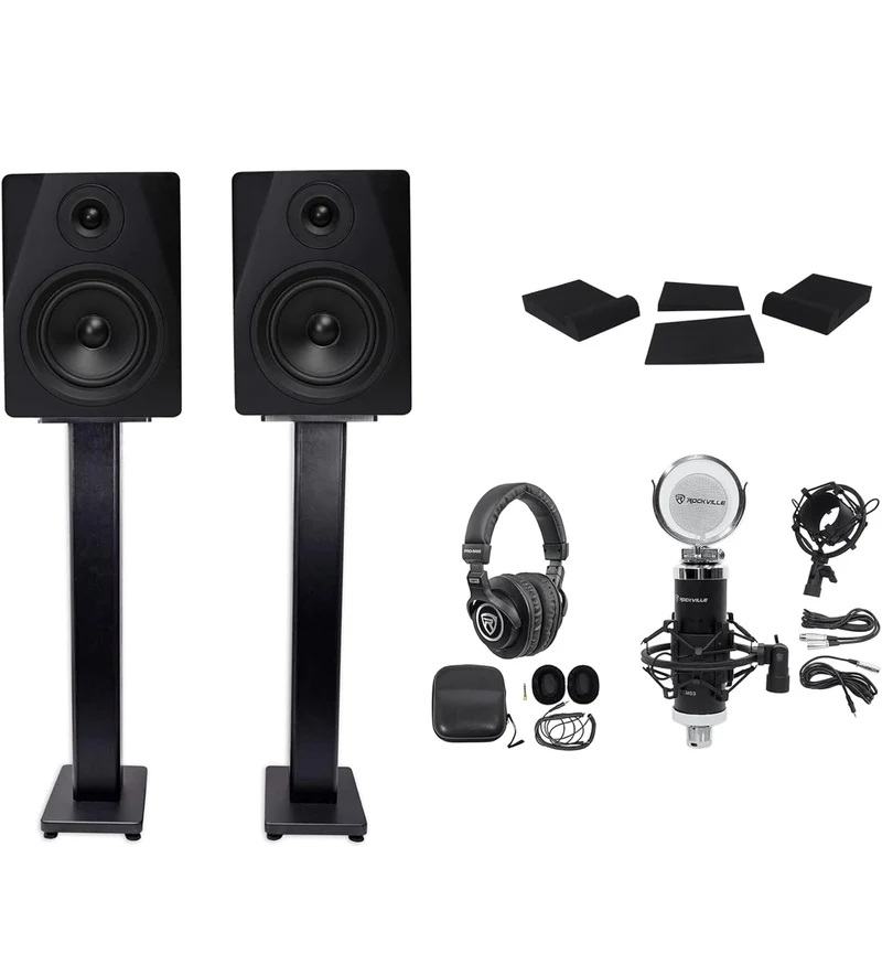 Rockville 2 DPM5B 5.25" 300w Dual Active Studio Monitors+Stands+Pads+Headphones BUNDLE