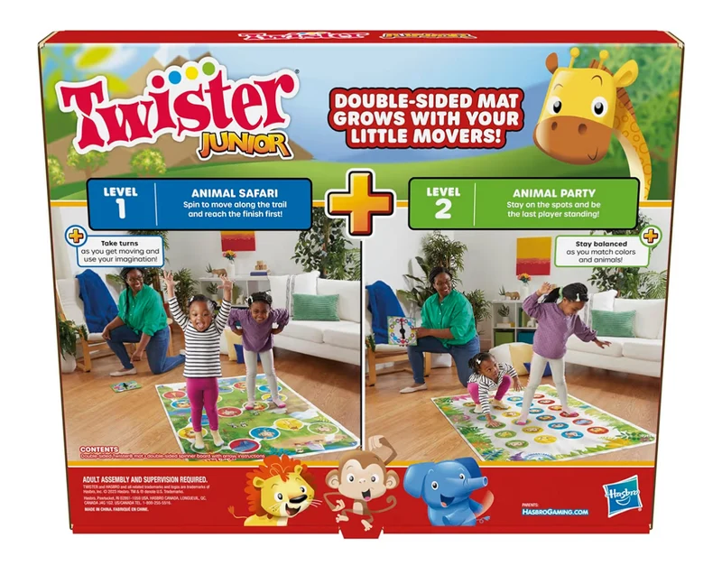 Hasbro Gaming Twister Junior Game, Animal Adventure 2-Sided Mat, 2 Games in 1, Party Game for Kids Ages 3 and Up and 2-4 Players