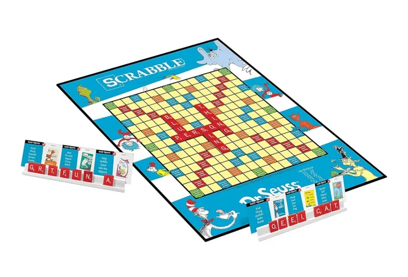 Scrabble Dr. Seuss Board Game | Official Scrabble Game with a Rhyming Twist | Custom Dr. Seuss Cards and Themed Scrabble Board | Bonus Points | Play Traditional Rules Plus New Features