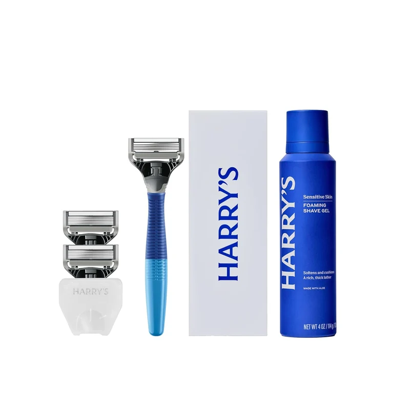 Shaving Kit for Men - Razor Handle, 3 Razor Blade Refills, Foaming Shave Gel, and Travel Blade Cover - Ocean Blue