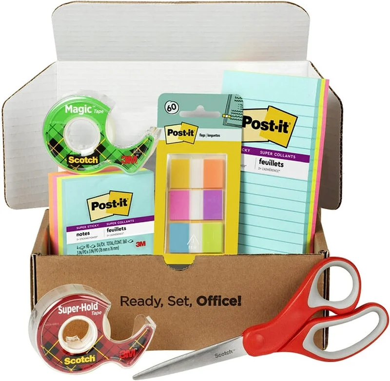 Back to School and Office Supplies -Post-it and Scotch Essentials Pack Includes Post-it Super Sticky Notes, Flags, Scotch Magic and Super Hold Tape, and Multi-Purpose Scissors