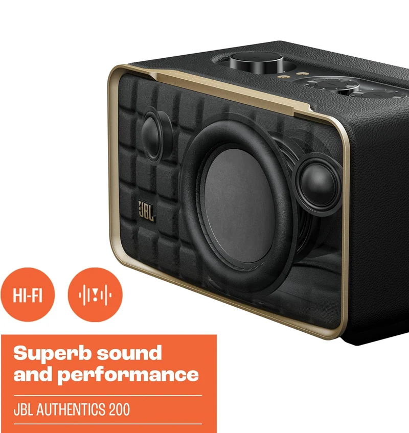 JBL Retro Style Authentics 200 Smart Home Speaker with Built in Wi-Fi, Bluetooth and Voice Assistants - (White/Gold)