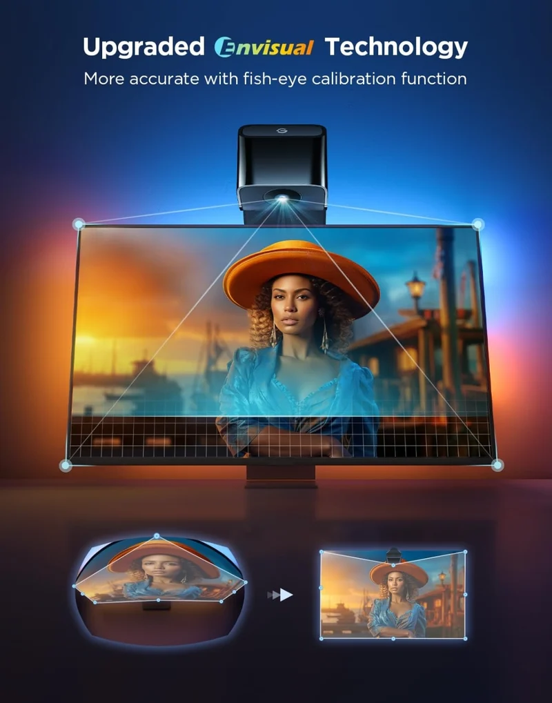 TV Backlight 3 Lite with Fish-Eye Correction Function Sync to 55-65 Inch TVs, 11.8ft RGB Wi-Fi LED Strip Lights w/ Camera, 4 Colors in 1 Lamp Bead, Voice and APP Control