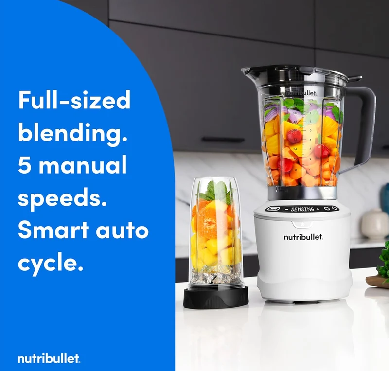 Nutribullet SmartSense Blender Combo, 1400W, 64oz Pitcher, 32oz & 24oz Cups, 5-Speed - Matte White