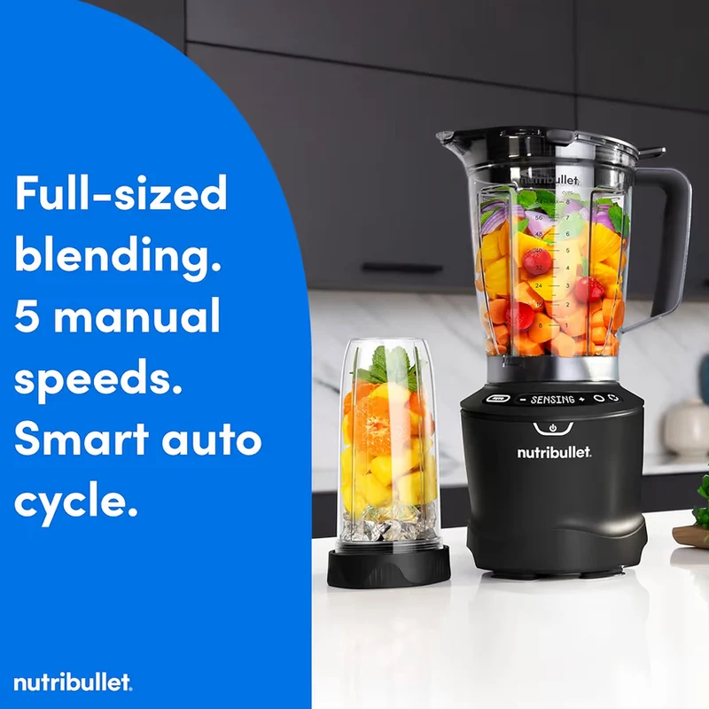 Nutribullet SmartSense Blender Combo, 1400W, 64oz Pitcher, 32oz & 24oz Cups, 5-Speed - Matte Black