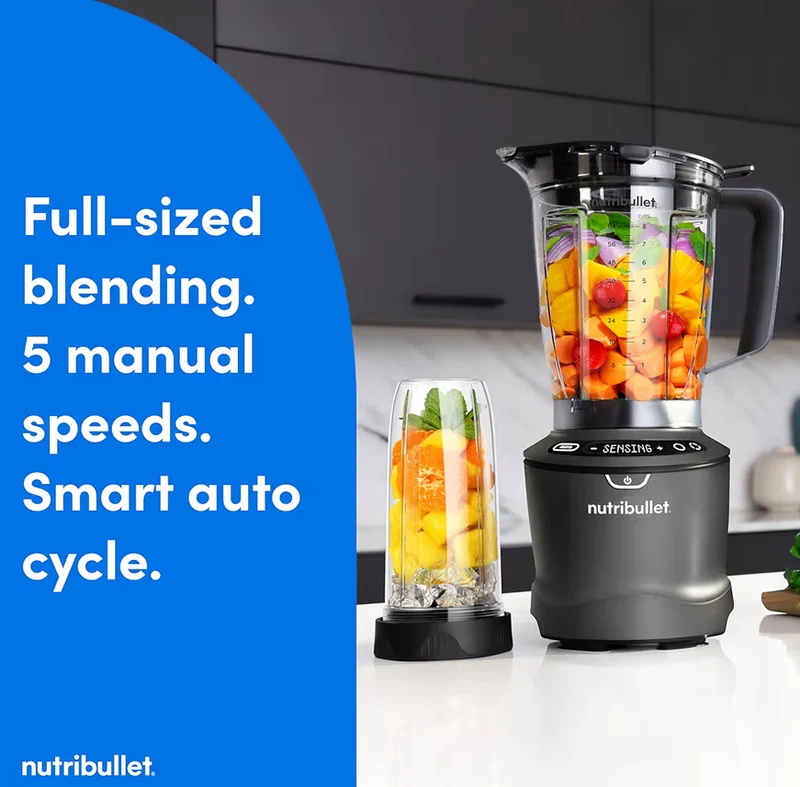 Nutribullet SmartSense Blender Combo, 1400W, 64oz Pitcher, 32oz & 24oz Cups, 5-Speed - Gray