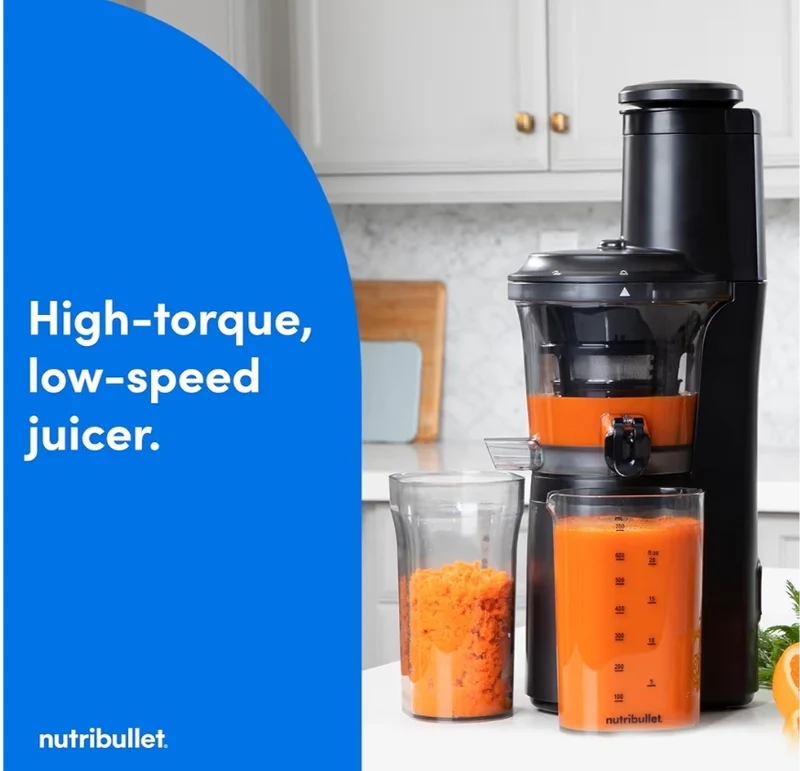 NutriBullet Slow Juicer Machine, Quiet Motor & Reverse Function, BPA-Free, Cold Press Juicer with Brush, 150 Watts - Charcoal Black