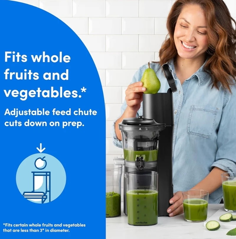 NutriBullet Slow Juicer Machine, Quiet Motor & Reverse Function, BPA-Free, Cold Press Juicer with Brush, 150 Watts - Charcoal Black