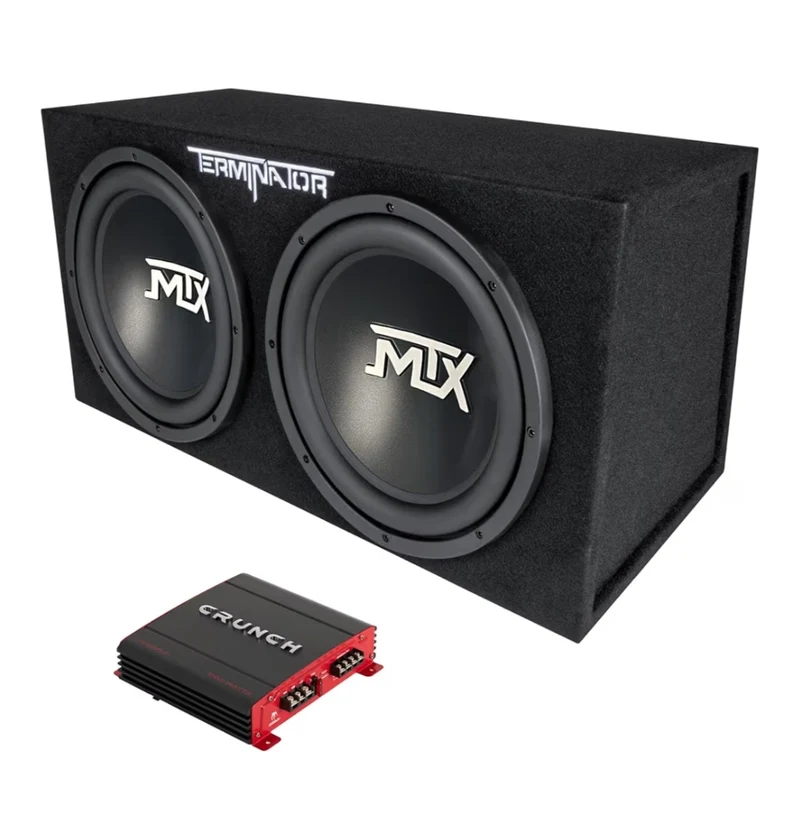 2 Channel 1000 Watt Amp Car Audio Stereo Amplifier and MTX 12 Inch 1200 Watt Car Audio Dual Loaded Subwoofer Box Enclosure (2 Pack)