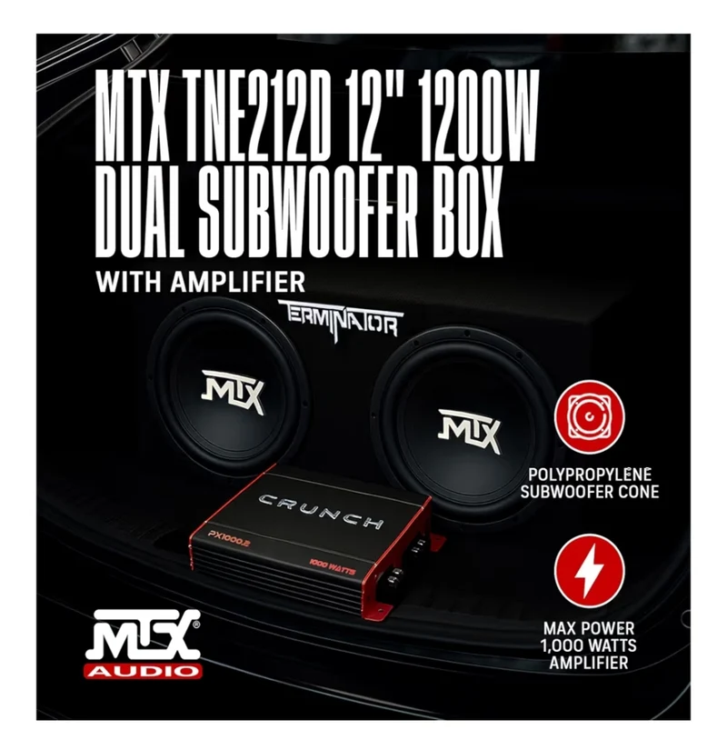 2 Channel 1000 Watt Amp Car Audio Stereo Amplifier and MTX 12 Inch 1200 Watt Car Audio Dual Loaded Subwoofer Box Enclosure (2 Pack)