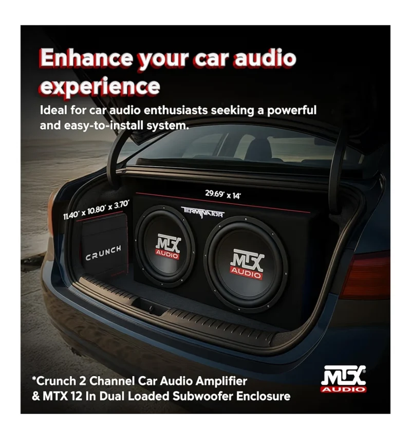 2 Channel 1000 Watt Amp Car Audio Stereo Amplifier and MTX 12 Inch 1200 Watt Car Audio Dual Loaded Subwoofer Box Enclosure (2 Pack)
