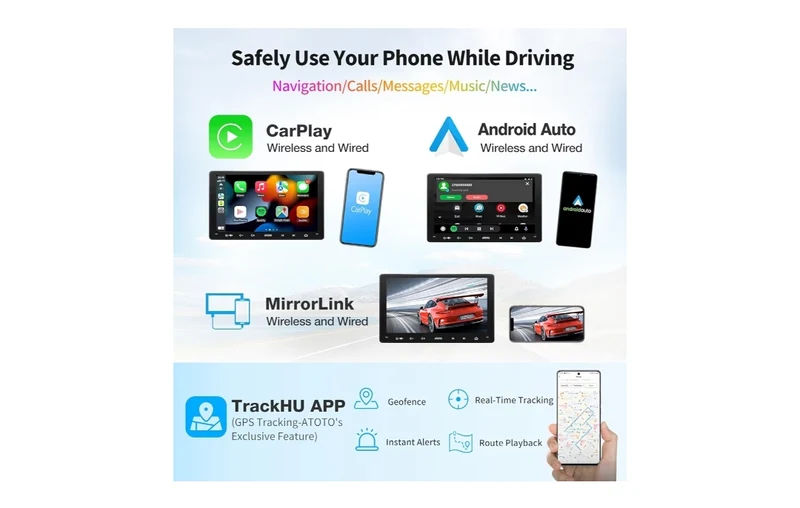 9" Car Stereo, Double-DIN Radio, Wireless CarPlay & Wireless Android Auto, Mirror Link, GPS Tracking，in-Dash Navigation, Dual Bluetooth