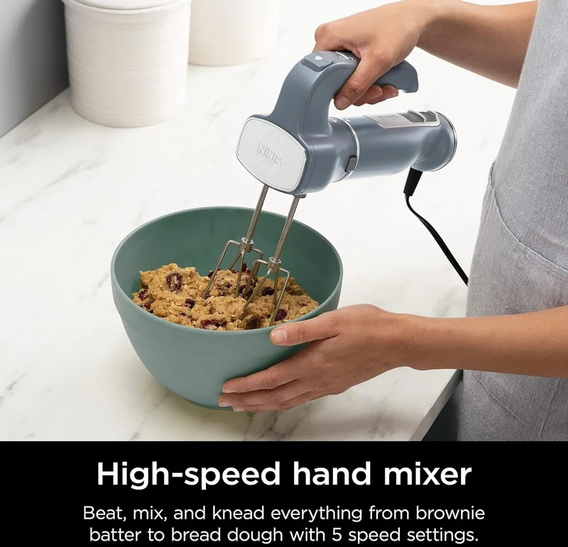 Ninja CI105BRN Foodi Power Mixer System, 750-Peak-Watt Immersion Blender and Hand Mixer - Sea Salt Gray