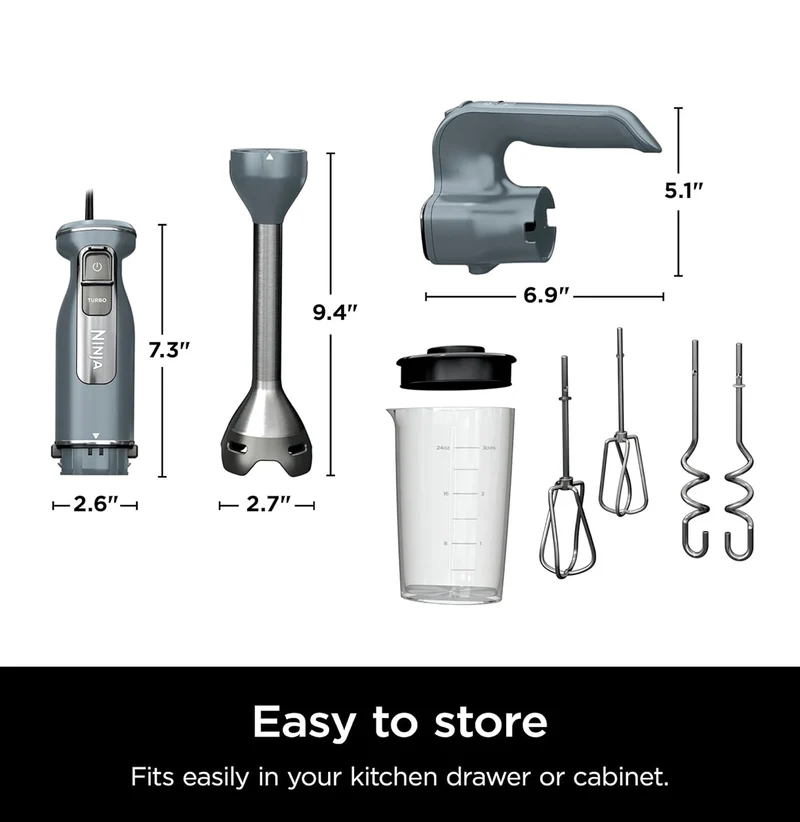 Ninja CI105BRN Foodi Power Mixer System, 750-Peak-Watt Immersion Blender and Hand Mixer - Sea Salt Gray