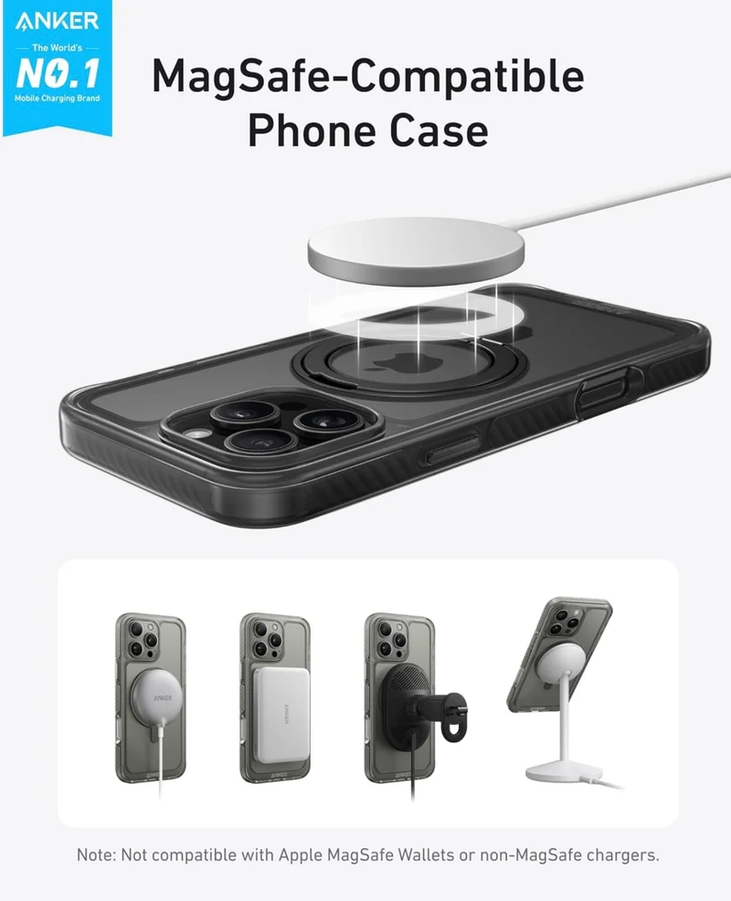 Anker Ultra Magnetic for iPhone Case with Sturdy 360° Ring Stand - with MagSafe (for iPhone 16 Pro Max, Clear Titanium)