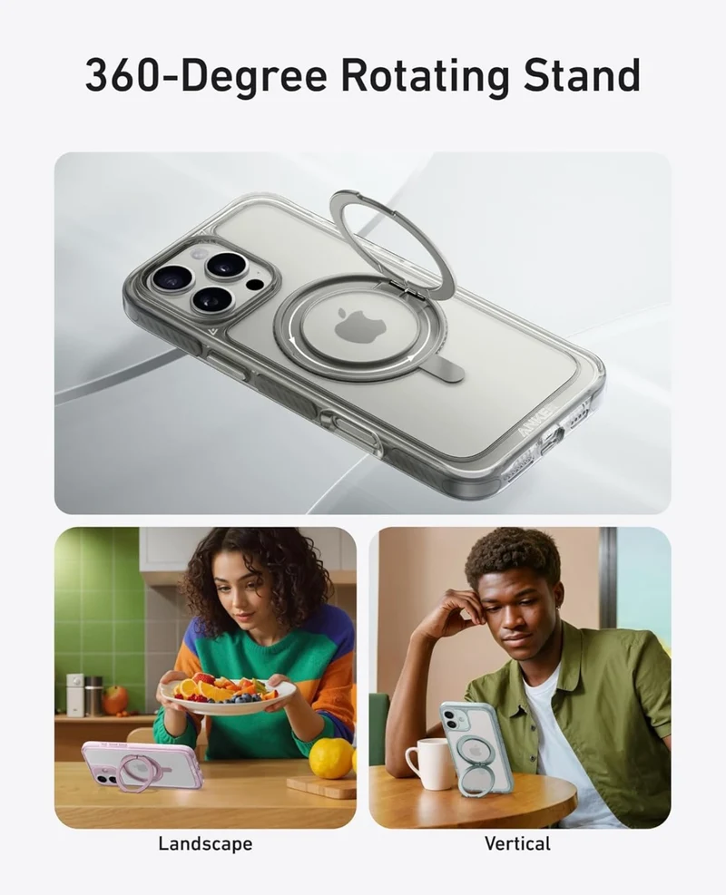 Anker Ultra Magnetic for iPhone Case with Sturdy 360° Ring Stand, Anti and Drop-Proof (Clear White)