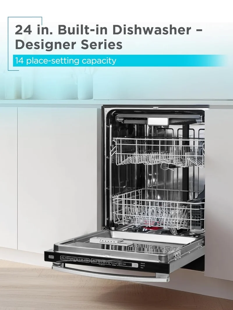 BLACK+DECKER 24" Designer Series Built-In Dishwasher, 14-Place Setting Capacity with Stainless Steel Tub, Dish Washer with 6 Wash Programs, Low Noise, ENERGY STAR Certified, BDW500MHS