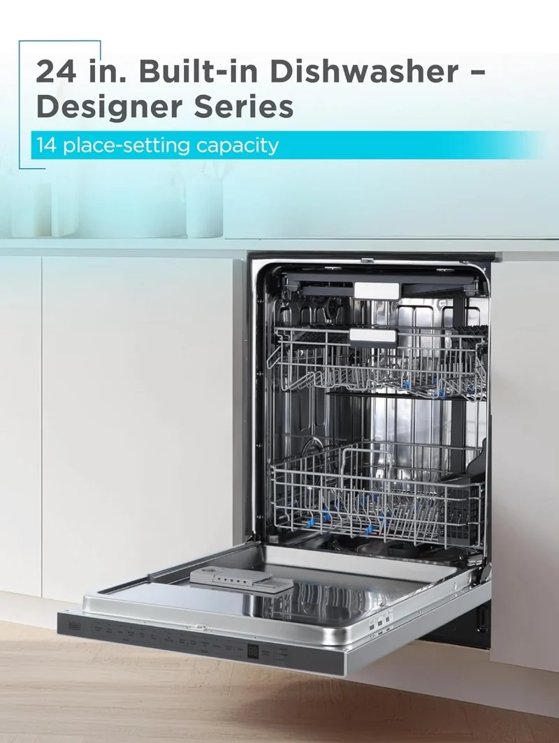 BLACK+DECKER 24" Designer Series Built-In Dishwasher, 14-Place Setting Capacity with Stainless Steel Tub, 6 Wash Programs and Smart Wash System, Low Noise, ENERGY STAR Certified, BDW400MS