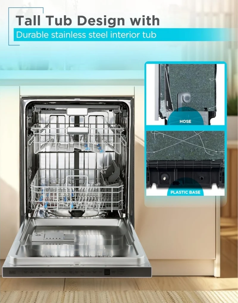 BLACK+DECKER 24" Designer Series Built-In Dishwasher, 14-Place Setting Capacity with Stainless Steel Tub, 6 Wash Programs and Smart Wash System, Low Noise, ENERGY STAR Certified, BDW400MS