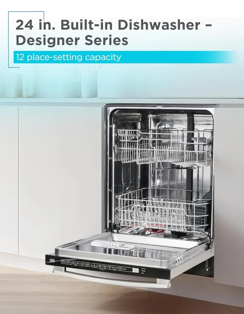 BLACK+DECKER 24" Built-In Dishwasher, Designer Series, 12-Place Setting Capacity with Stainless Steel Tub, Dish Washer with 6 Wash Programs, Low Noise, ENERGY STAR Certified, BDW300MHS