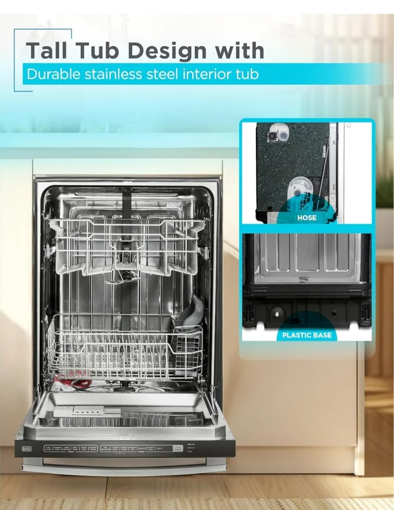 BLACK+DECKER 24" Built-In Dishwasher, Designer Series, 12-Place Setting Capacity with Stainless Steel Tub, Dish Washer with 6 Wash Programs, Low Noise, ENERGY STAR Certified, BDW300MHS