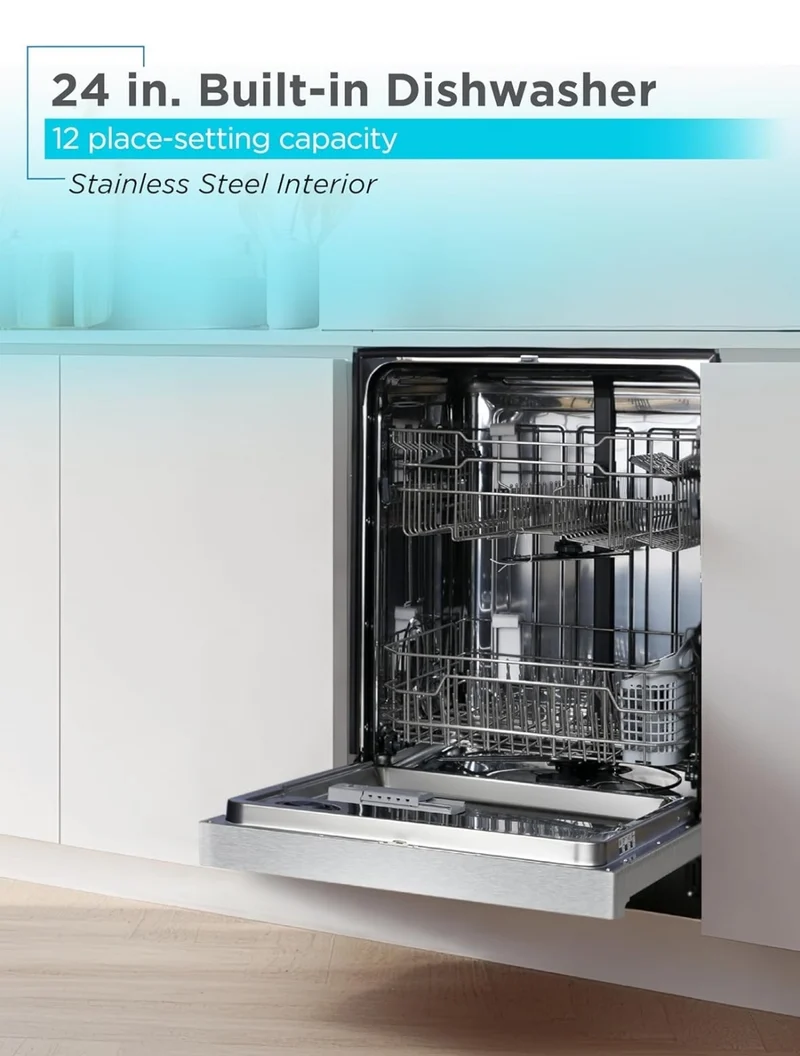 BLACK+DECKER 24" Built-In Dishwasher, 12-Place Setting Capacity with Stainless Steel Tub, Dish Washer with 6 Wash Programs, Low Noise, ENERGY STAR Certified, BDW200MS, Stainless Steel Look