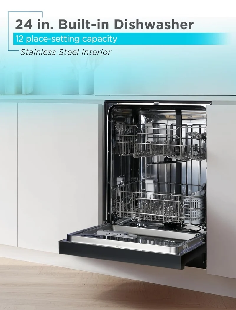 BLACK+DECKER 24" Built-In Dishwasher, 12-Place Setting Capacity with Stainless Steel Tub, Dish Washer with 6 Wash Programs, Low Noise, ENERGY STAR Certified, BDW200MB, Black