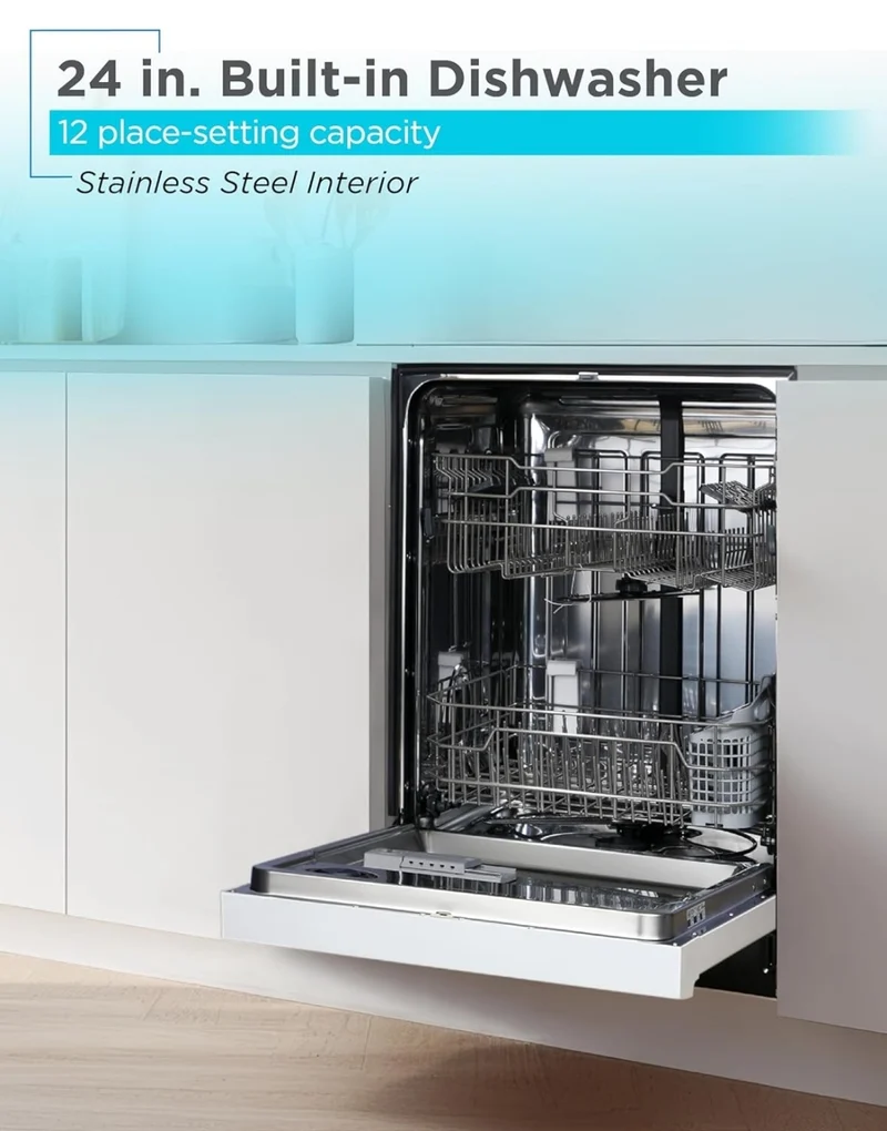 BLACK+DECKER 24" Built-In Dishwasher, 12-Place Setting Capacity with Stainless Steel Tub, Dish Washer with 6 Wash Programs, Low Noise, ENERGY STAR Certified, BDW200MW, White