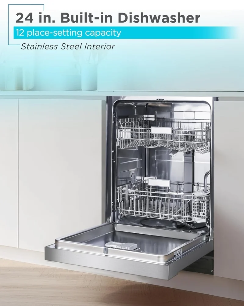 BLACK+DECKER 24" Built-In Dishwasher, 12-Place Setting Capacity with Stainless Steel Tub, Dish Washer with 5 Wash Programs and Smart Wash Cycle, ENERGY STAR Certified, BDW100MS, Stainless Steel