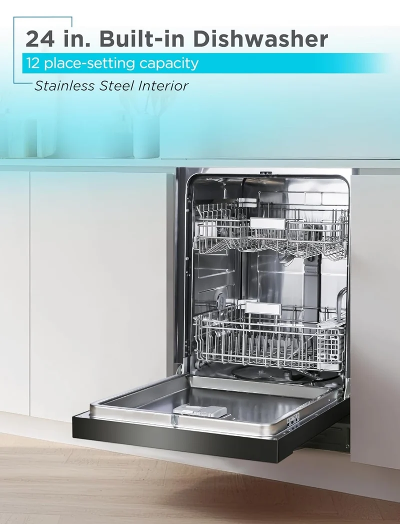 BLACK+DECKER 24" Built-In Dishwasher, 12-Place Setting Capacity with Stainless Steel Tub, Dish Washer with 5 Wash Programs and Smart Wash Cycle, ENERGY STAR Certified, BDW100MB, Black