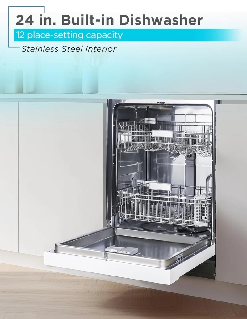 BLACK+DECKER 24" Built-In Dishwasher, 12-Place Setting Capacity with Stainless Steel Tub, Dish Washer with 5 Wash Programs and Smart Wash Cycle, ENERGY STAR Certified, BDW100MW, White