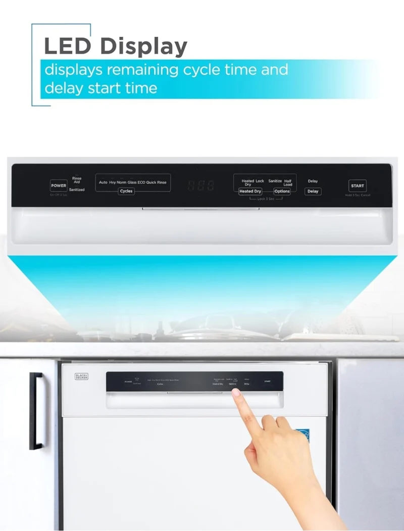 BLACK+DECKER 24" Built-In Dishwasher, 12-Place Setting Capacity with Stainless Steel Tub, Dish Washer with 5 Wash Programs and Smart Wash Cycle, ENERGY STAR Certified, BDW100MW, White