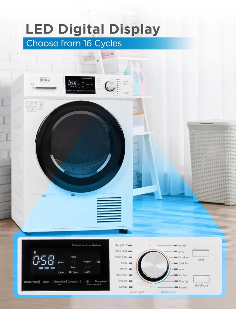 BLACK+DECKER 4.4 Cu. Ft. Electric Dryer with Heat Pump, 22 lb. Capacity , 240V Electric Clothes Dryer with 16 Cycles, Without Outside Exhaust, BDFH44M, White
