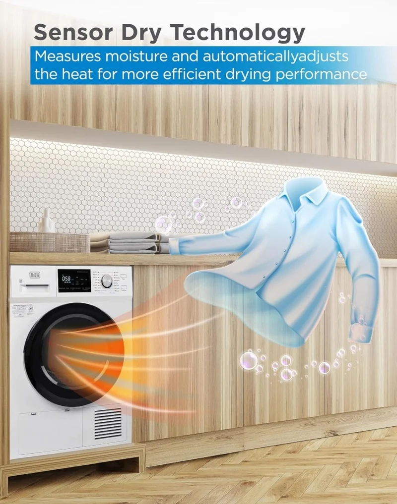 BLACK+DECKER 4.4 Cu. Ft. Electric Dryer with Heat Pump, 22 lb. Capacity , 240V Electric Clothes Dryer with 16 Cycles, Without Outside Exhaust, BDFH44M, White