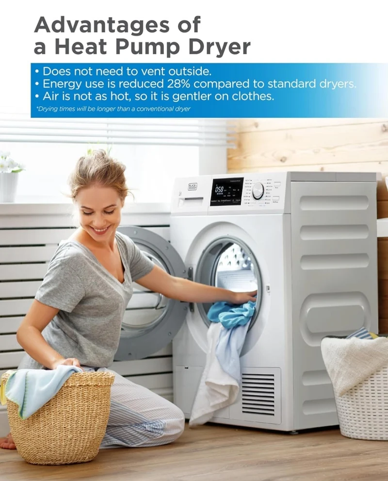 BLACK+DECKER 4.4 Cu. Ft. Electric Dryer with Heat Pump, 22 lb. Capacity , 240V Electric Clothes Dryer with 16 Cycles, Without Outside Exhaust, BDFH44M, White