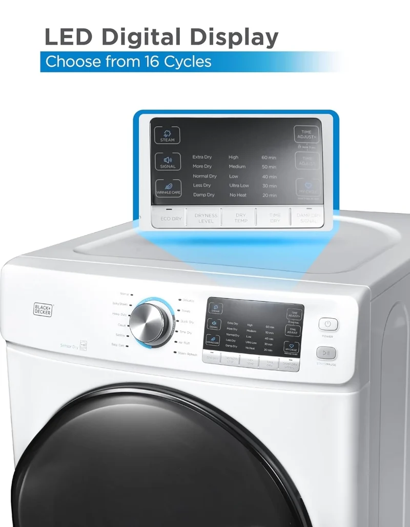 BLACK+DECKER 8.0 Cu. Ft. Electric Front Load Dryer with Steam, Clothes Dryer with LED Display, 12 Cycle Selections, ENERGY STAR, 240V Machine Requires Professional Installation, BFLD80ME, White