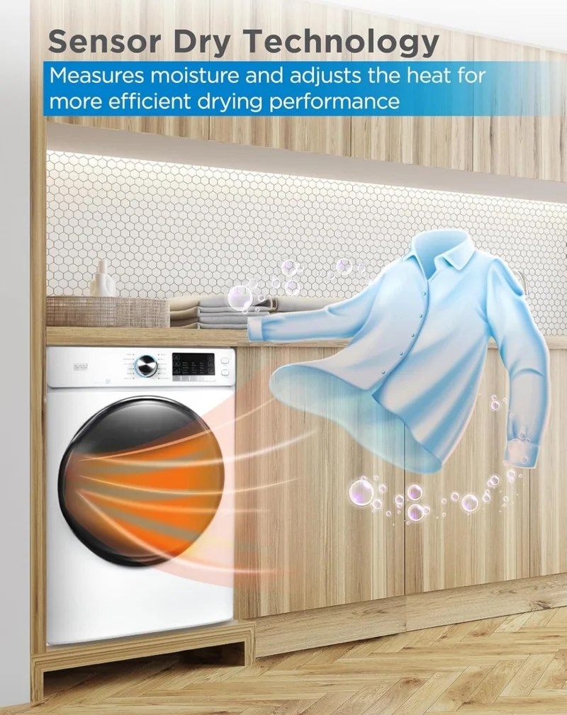 BLACK+DECKER 8.0 Cu. Ft. Electric Front Load Dryer with Steam, Clothes Dryer with LED Display, 12 Cycle Selections, ENERGY STAR, 240V Machine Requires Professional Installation, BFLD80ME, White