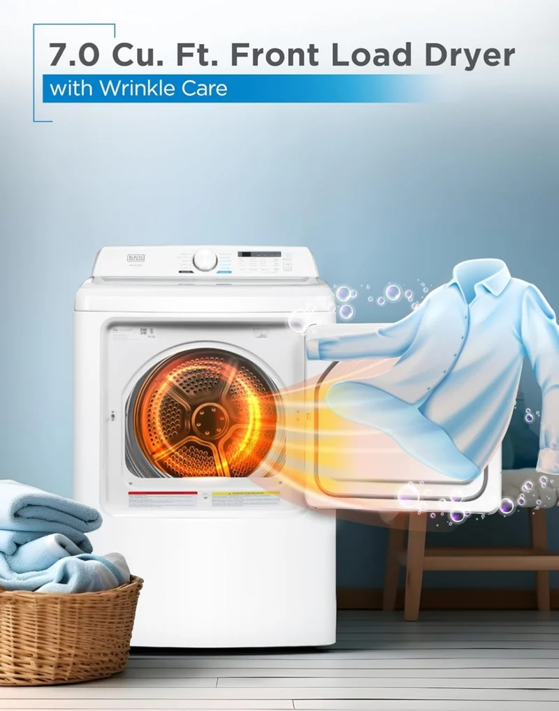 BLACK+DECKER 7.0 Cu. Ft. Front Load Dryer, Clothes Dryer with LED Display and Dial Control, 5 Senor and Manual Dry Selections, Wrinkle Care, 240V, BLD67ME, White