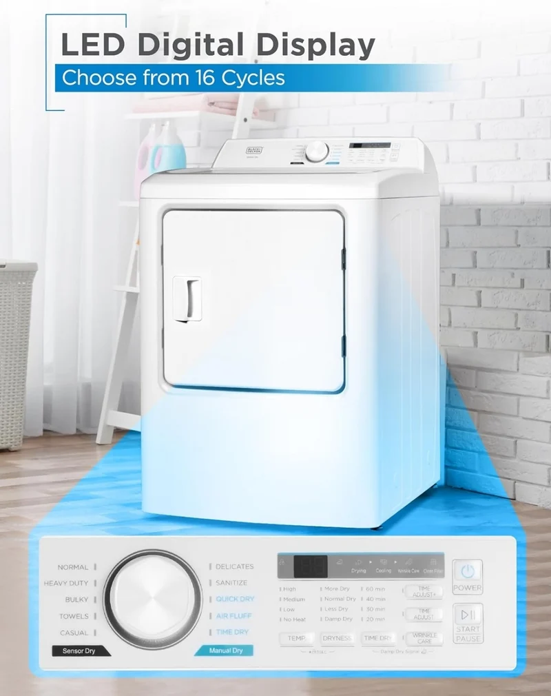 BLACK+DECKER 7.0 Cu. Ft. Front Load Dryer, Clothes Dryer with LED Display and Dial Control, 5 Senor and Manual Dry Selections, Wrinkle Care, 240V, BLD67ME, White