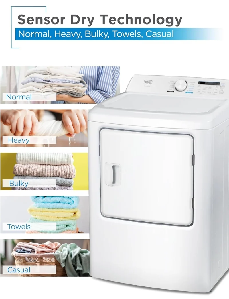 BLACK+DECKER 7.0 Cu. Ft. Front Load Dryer, Clothes Dryer with LED Display and Dial Control, 5 Senor and Manual Dry Selections, Wrinkle Care, 240V, BLD67ME, White