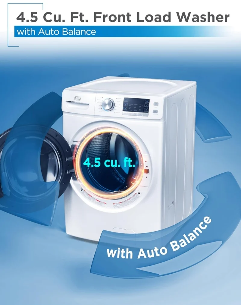 BLACK+DECKER 4.5 Cu. Ft. Front Load Washer, Full Size Washing Machine with 12 Cycles, ENERGY STAR certified Washer Machine, Hot & Cold Inlet Hoses, LED Display, 120V, BFLW45M, White