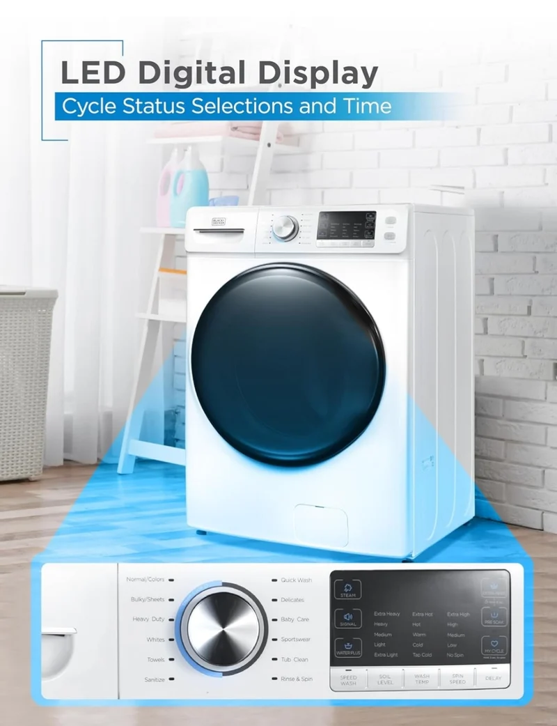 BLACK+DECKER 4.5 Cu. Ft. Front Load Washer, Full Size Washing Machine with 12 Cycles, ENERGY STAR certified Washer Machine, Hot & Cold Inlet Hoses, LED Display, 120V, BFLW45M, White