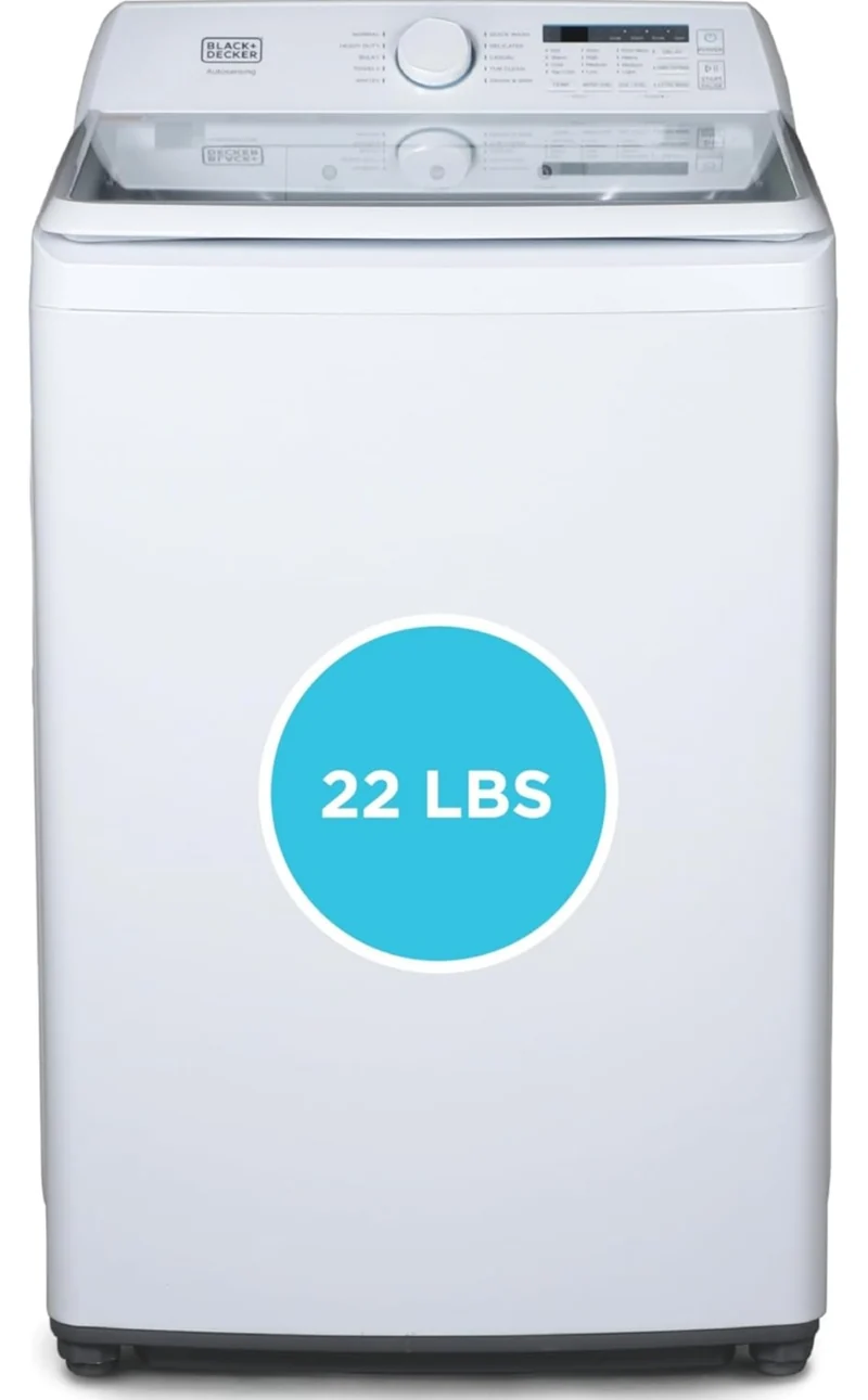 BLACK+DECKER 4.1 Cu. Ft. Top Loading Washing Machine with Agitator, Full Size Washing Machine with Glass Lid and Stainless Steel Tub, Machine with LED Display, 10 Wash Cycles, 120V, BTLW41MW, White