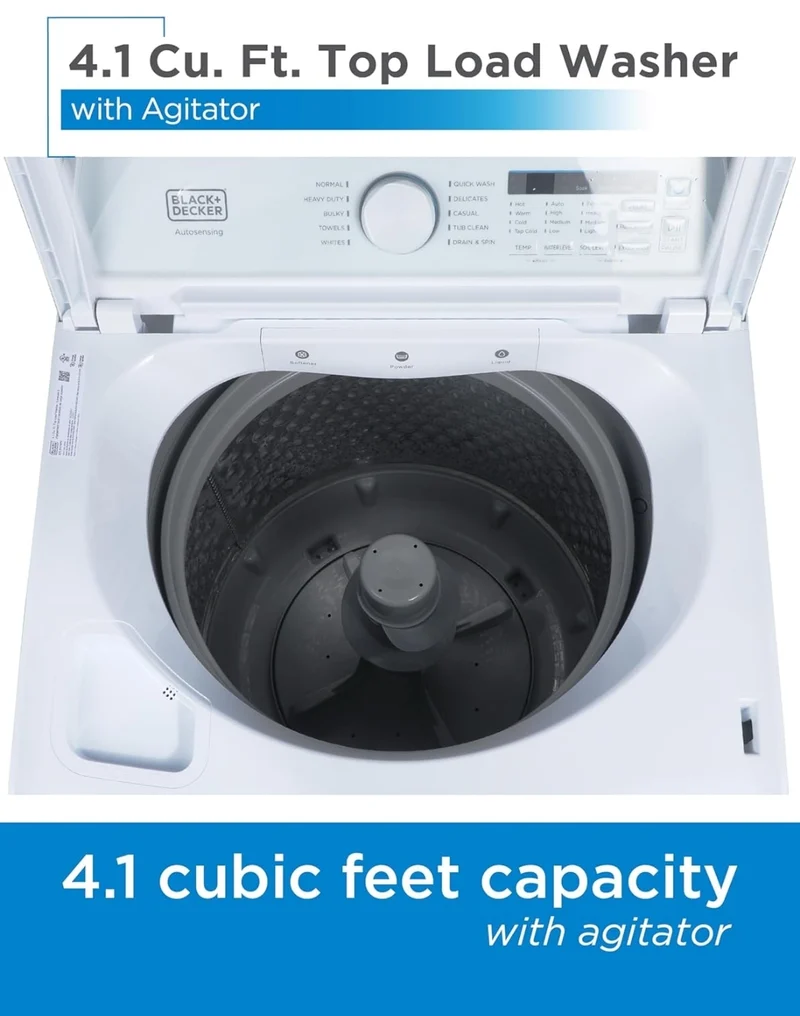 BLACK+DECKER 4.1 Cu. Ft. Top Loading Washing Machine with Agitator, Full Size Washing Machine with Glass Lid and Stainless Steel Tub, Machine with LED Display, 10 Wash Cycles, 120V, BTLW41MW, White